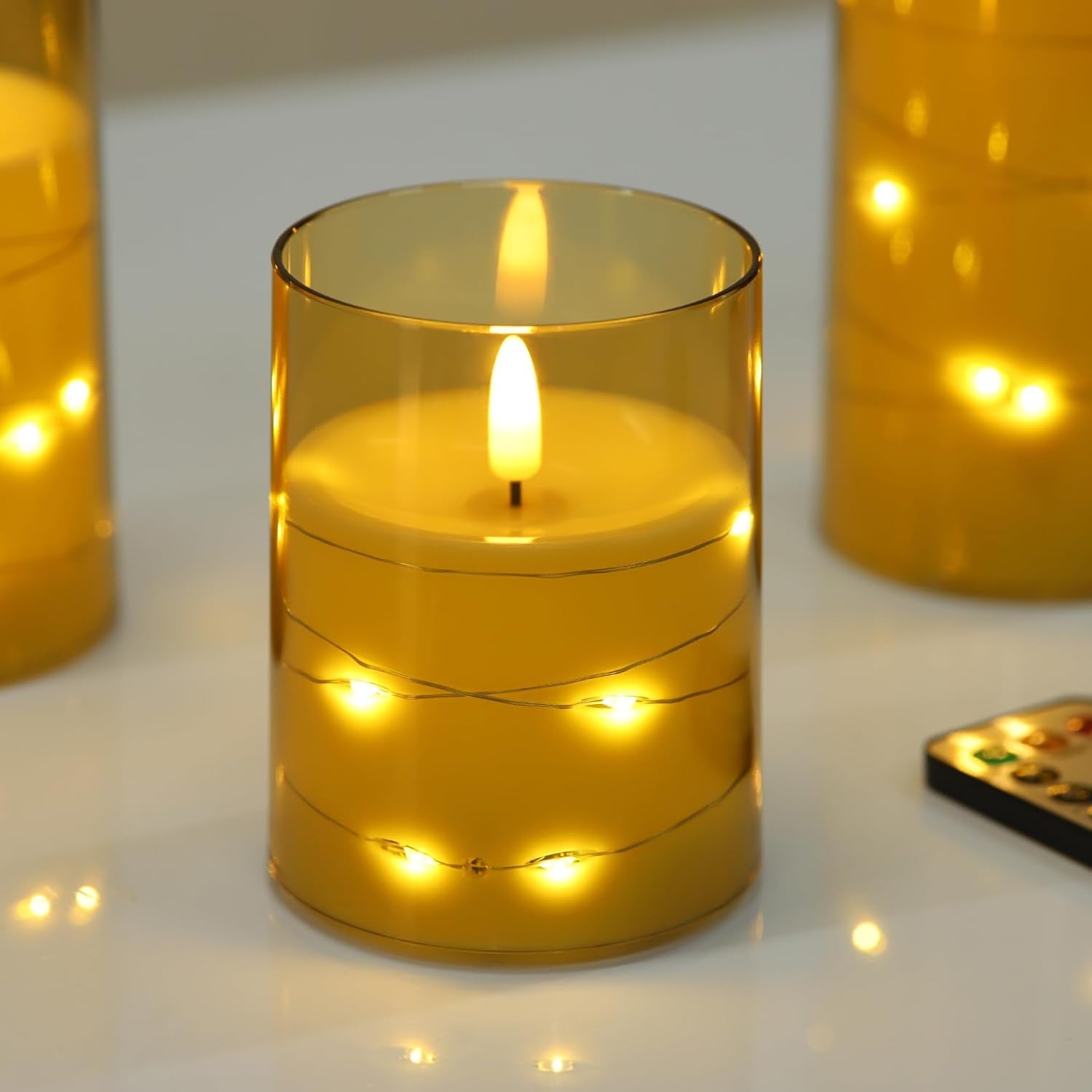 Flameless Candles,Battery Operated Candles LED Candles with Remote and Timer Flickering Flameless Candles for Romantic Ambiance and Home Halloween Decor Durable Acrylic Shell with Embedded Star String