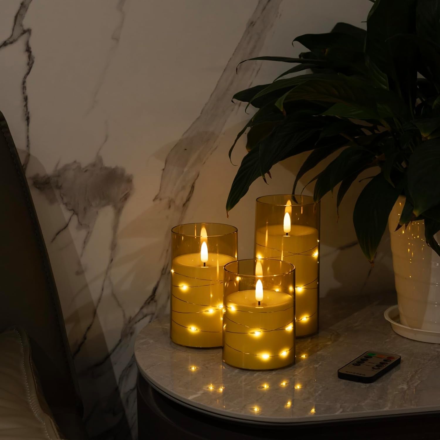 Flameless Candles,Battery Operated Candles LED Candles with Remote and Timer Flickering Flameless Candles for Romantic Ambiance and Home Halloween Decor Durable Acrylic Shell with Embedded Star String