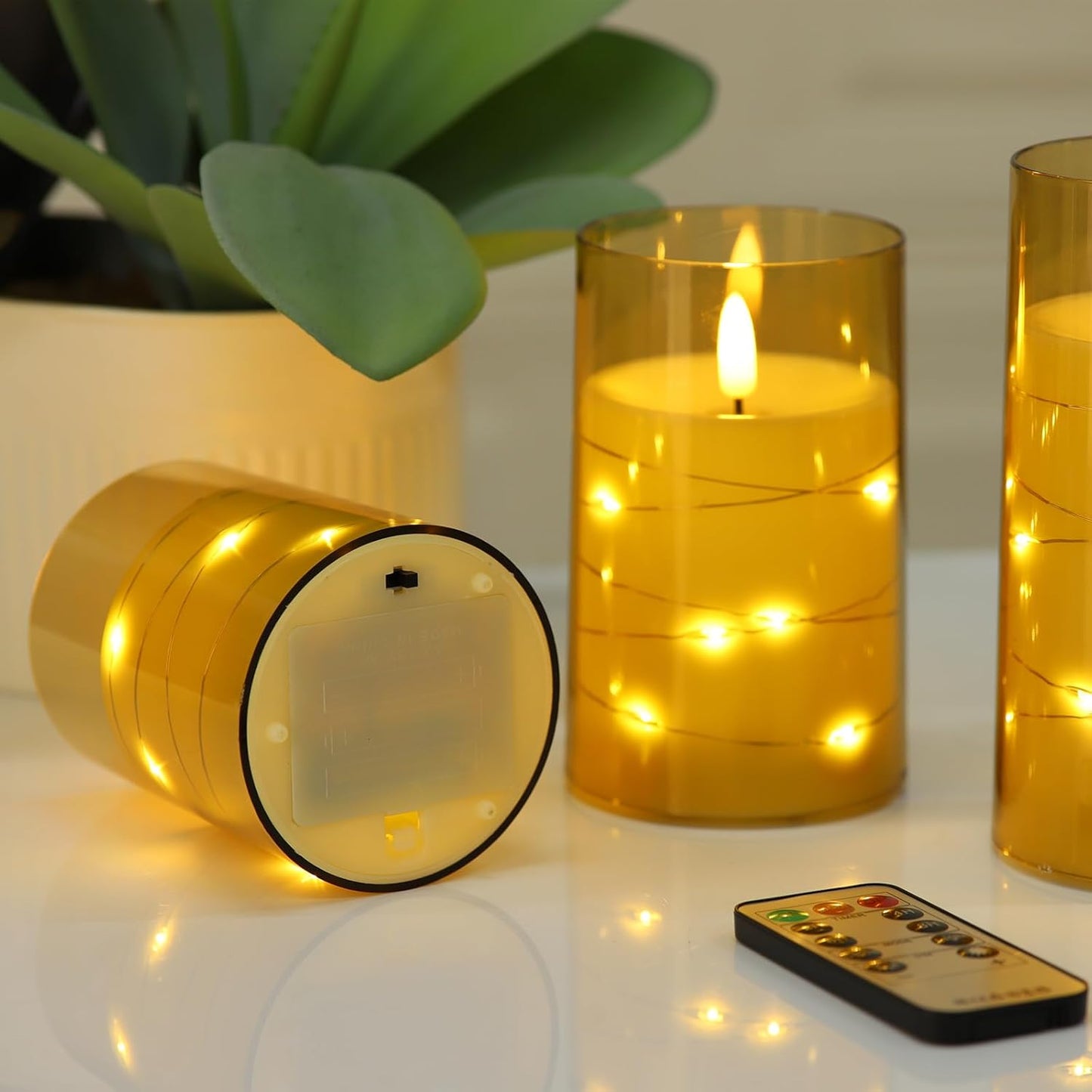 Flameless Candles,Battery Operated Candles LED Candles with Remote and Timer Flickering Flameless Candles for Romantic Ambiance and Home Halloween Decor Durable Acrylic Shell with Embedded Star String