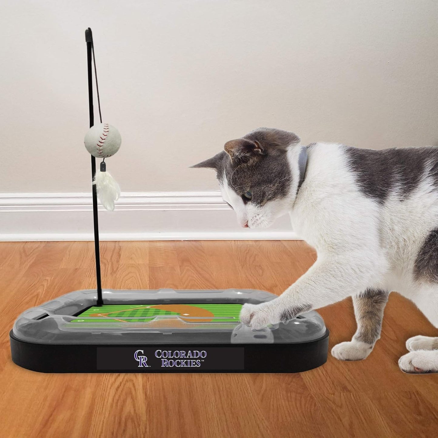 Cat Scratching Toy MLB Colorado Rockies Baseball Field Cat Scratcher Toy with Interactive Cat Ball Bell in Tracks. 5-In-1 CAT Toy: Cat Wand Poll with Catnip Filled Plush Baseball & Feathers.