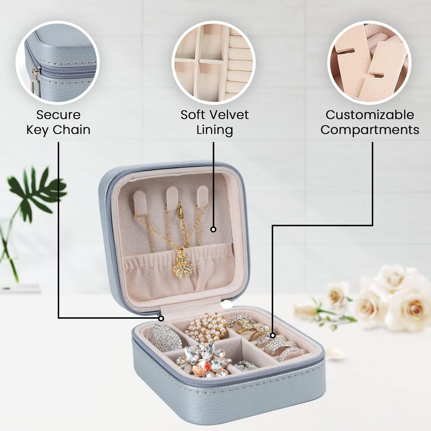 Small Travel Jewelry Organizer Case - Portable Storage Case for Necklace, Earring, Ring, Bracelet - Jewelry Display & Storage Box for Girls & Women (Silver)
