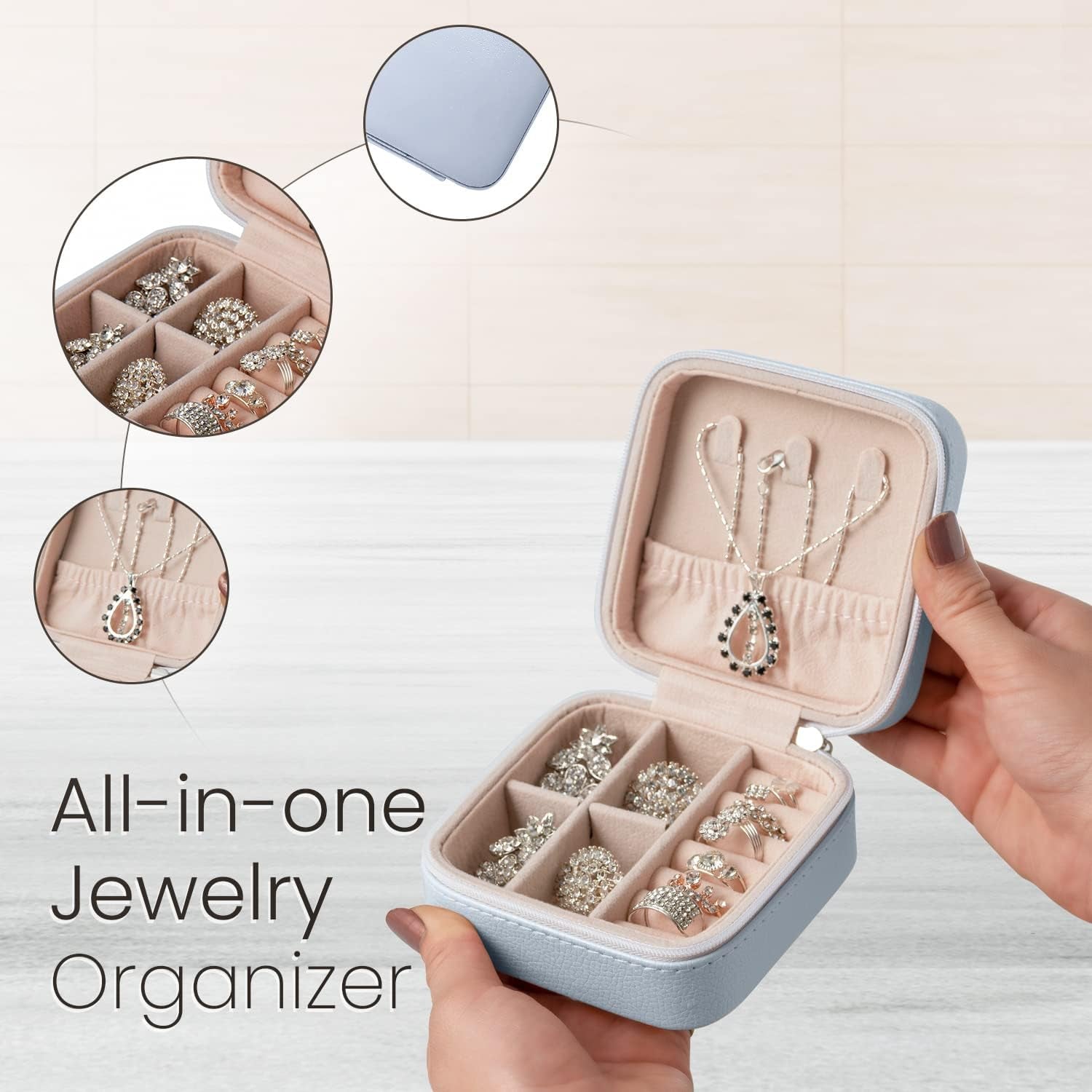 Small Travel Jewelry Organizer Case - Portable Storage Case for Necklace, Earring, Ring, Bracelet - Jewelry Display & Storage Box for Girls & Women (Silver)
