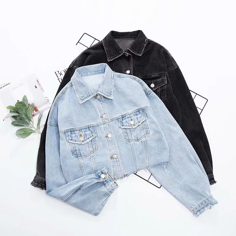 Autumn Drop Shoulder Loose Short Denim Jacket Vintage Women Lapel Pockets Single Breasted Draped Jean Coat Cool Outerwear