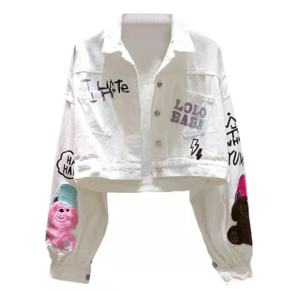 Cartoon Flocking Letter Print White Denim Jacket Women 2024 New Spring Autumn Short Jean Jackets Coat Female Korean Fashion