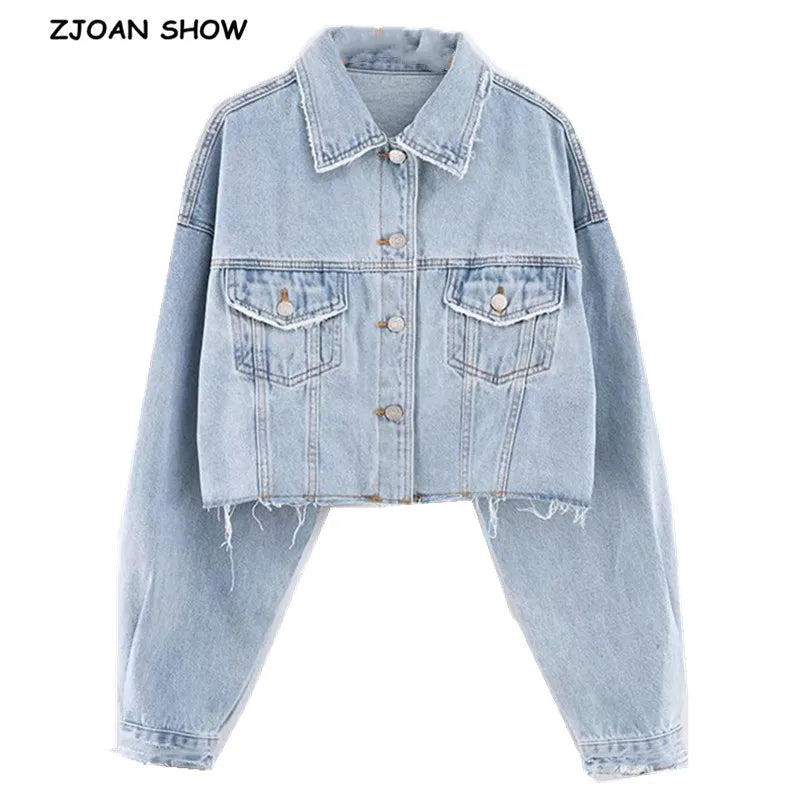 Autumn Drop Shoulder Loose Short Denim Jacket Vintage Women Lapel Pockets Single Breasted Draped Jean Coat Cool Outerwear