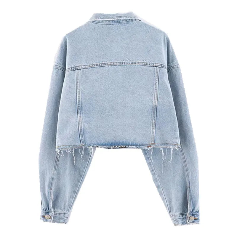 Autumn Drop Shoulder Loose Short Denim Jacket Vintage Women Lapel Pockets Single Breasted Draped Jean Coat Cool Outerwear