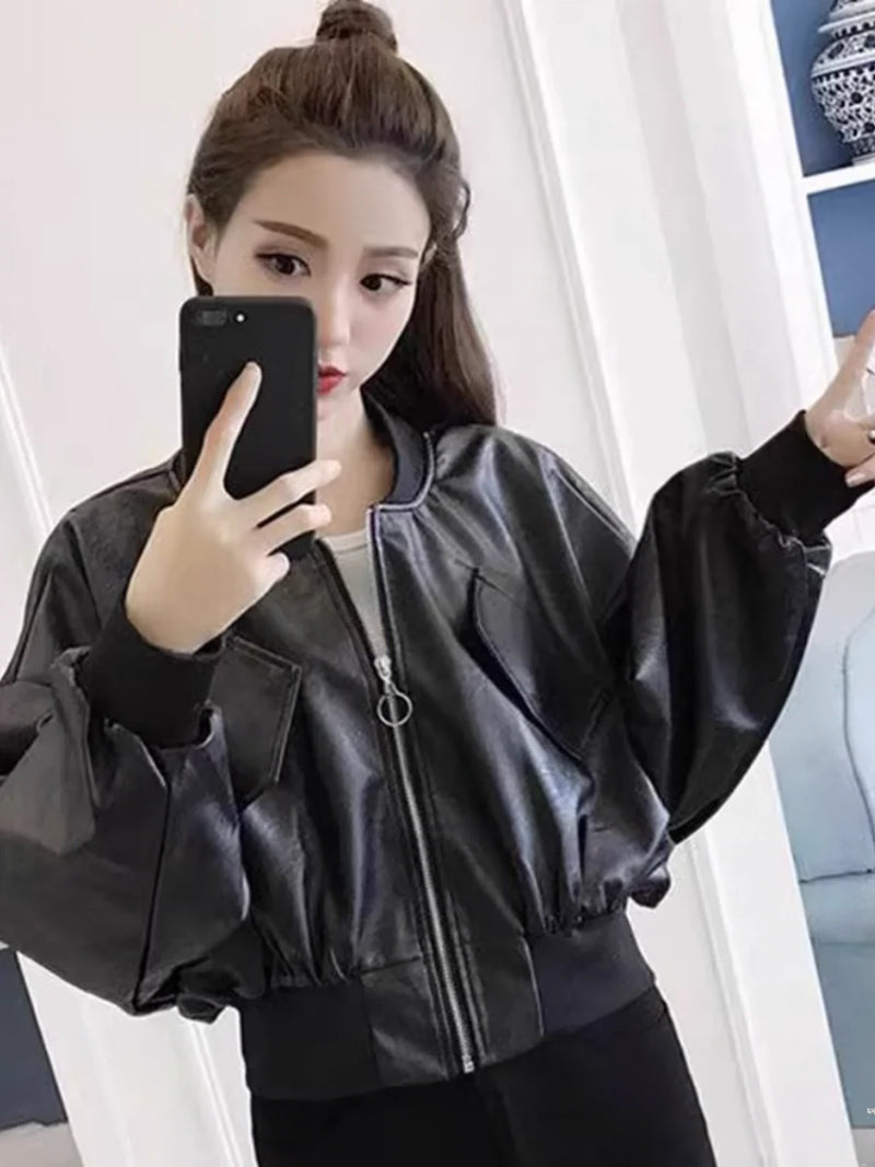 Women's Coat Black Pu Loose Batwing Sleeve Short Leather Jacket