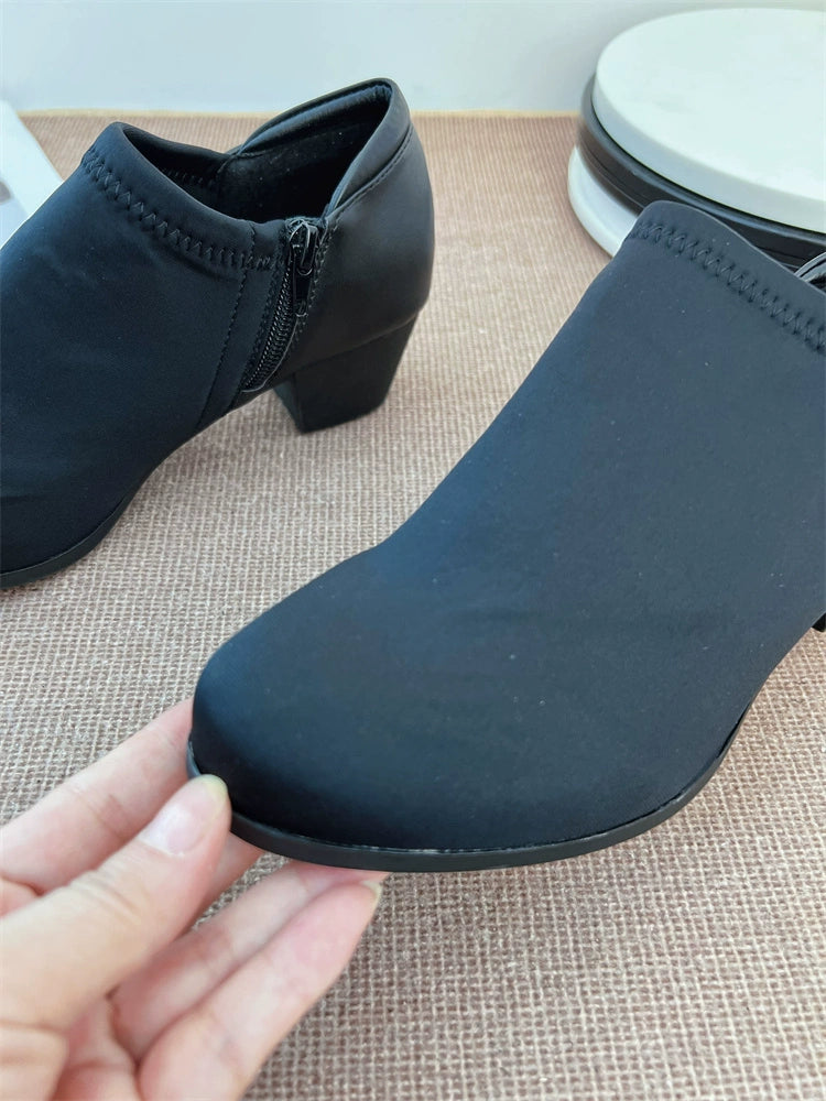 Satin Surface Deep Mouth Flats Export [Handmade Shoes Comfortable Ceiling] plus Size Patchwork round Head Chunky Heel Ankle Boots