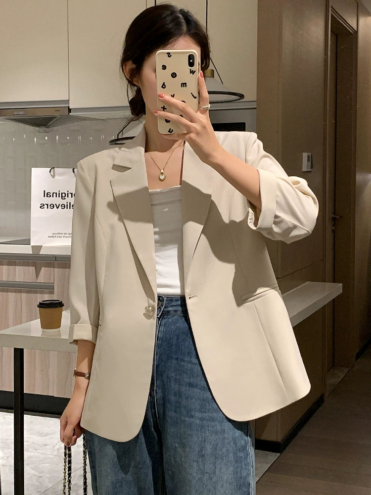 Women's Beige Korean-Style 3/4 Sleeve Suit Coat