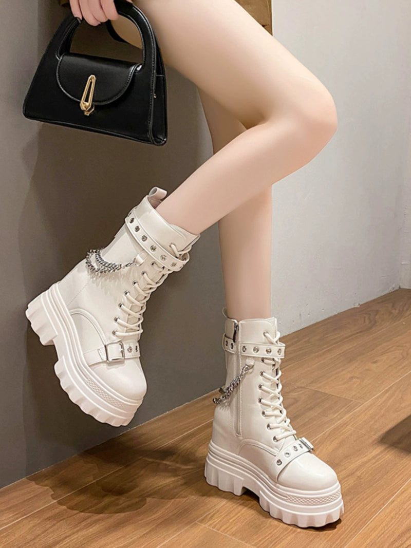 Short Hight Increasing Martin Boots Female 11cm2023 Fall New British Style Chain Platform Shoes Platform Middle Tube Boots