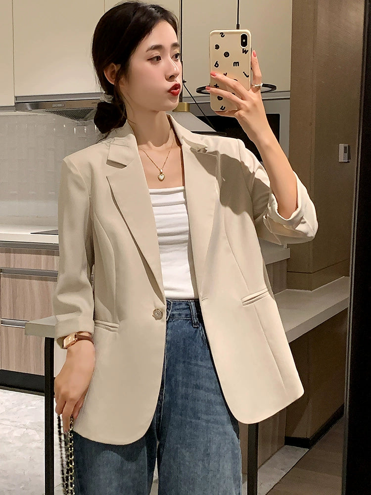 Women's Beige Korean-Style 3/4 Sleeve Suit Coat