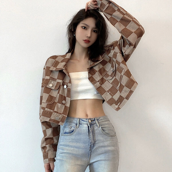 Retro Plaid High Waist Short Ins Denim Jacket