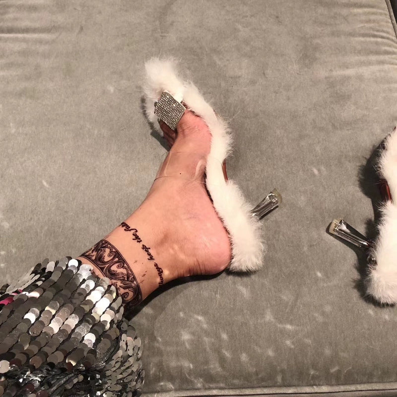 Fashion White Fur Slippers Flip Toe Stiletto Rhinestone