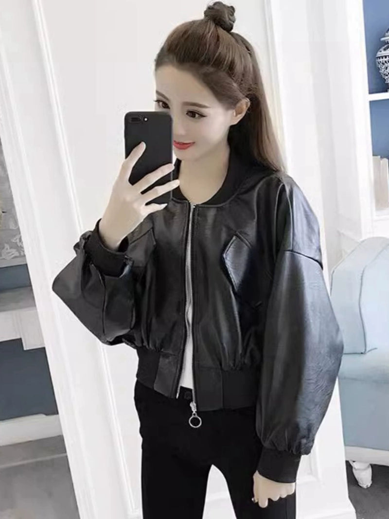 Women's Coat Black Pu Loose Batwing Sleeve Short Leather Jacket