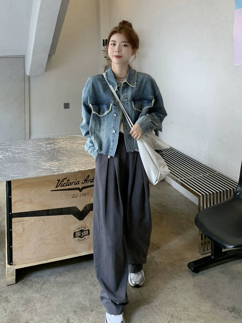 Retro Short Frayed Hem Denim Jacket for Women Spring and Autumn New Hong Kong Style Stylish Niche Loose Long Sleeve Jacket Top