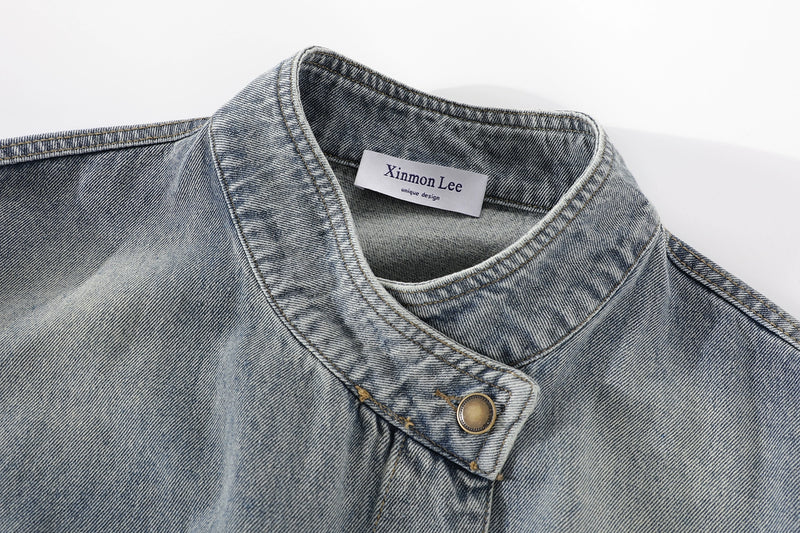 Retro Stand Collar Casual Slim Looking Top Denim Jacket