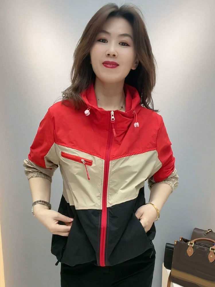 Fashion Contrast Color Hooded Double Pocket Temperament plus Size Cardigan