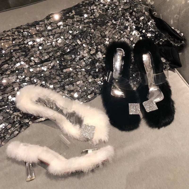 Fashion White Fur Slippers Flip Toe Stiletto Rhinestone