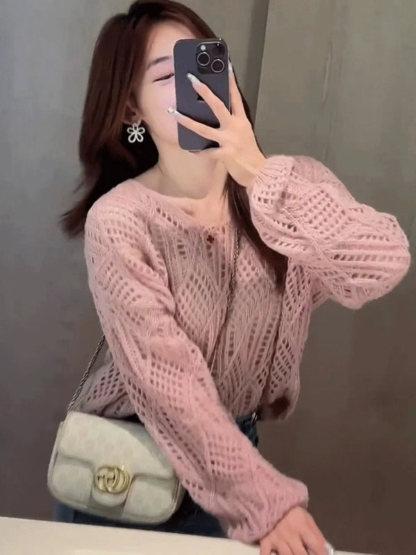 Early Autumn Long Sleeves Knitted Cut Out Thin Sweater Blouse