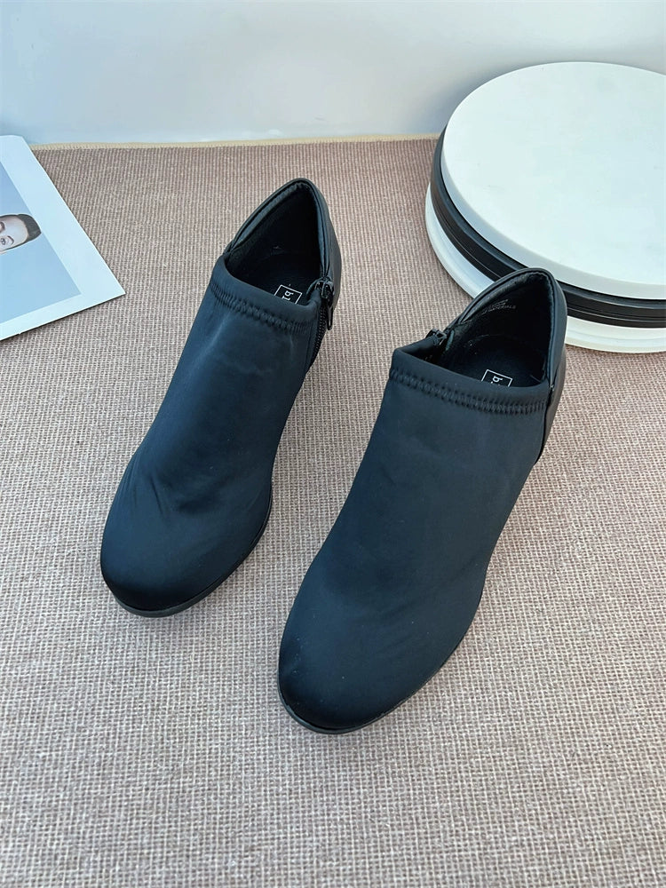 Satin Surface Deep Mouth Flats Export [Handmade Shoes Comfortable Ceiling] plus Size Patchwork round Head Chunky Heel Ankle Boots