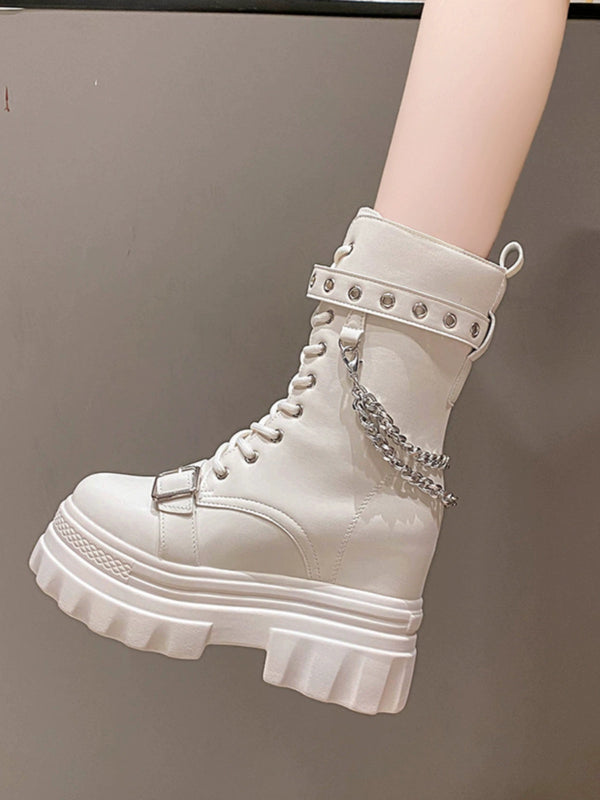 Short Hight Increasing Martin Boots Female 11cm2023 Fall New British Style Chain Platform Shoes Platform Middle Tube Boots