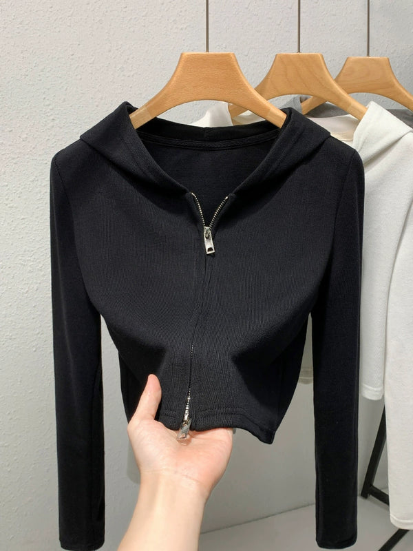 Black Hoodie Women's Spring and Autumn 2024 New Arrival Best Selling Slim Short Double-Headed Zipper Hooded Top Women's Long Sleeve