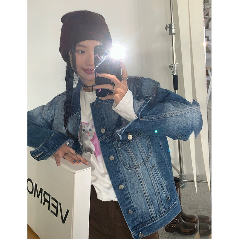 Retro Fashionable Lapel Casual Washed Denim Jacket