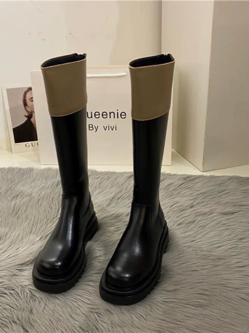 Boots Women's Autumn and Winter 2023 New Short Niche Color Matching Thick Sole Thick Legs Slim Looking Knee High Knight Boots