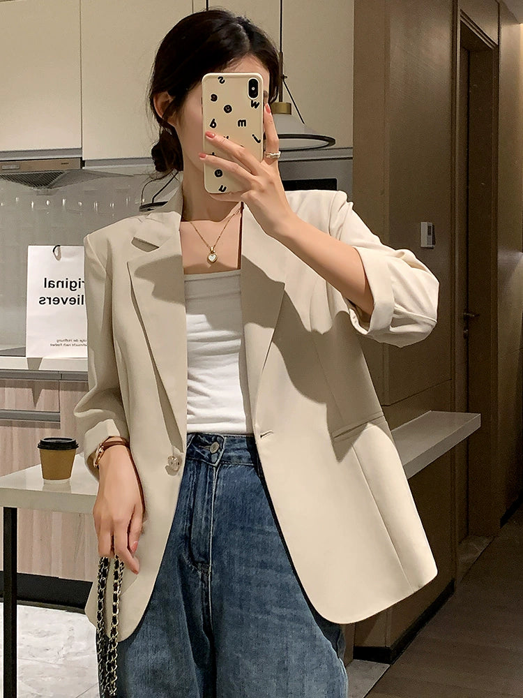 Women's Beige Korean-Style 3/4 Sleeve Suit Coat