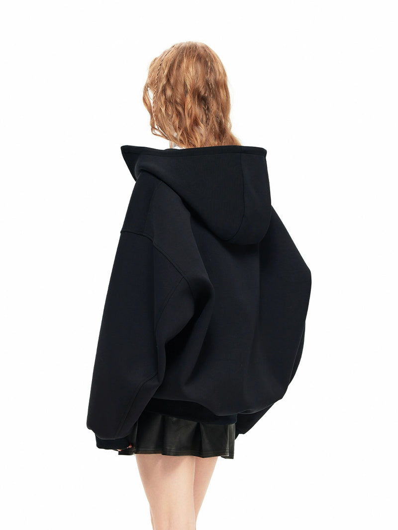 Nuth Black Oversize Zipper Thick Hooded Sweater