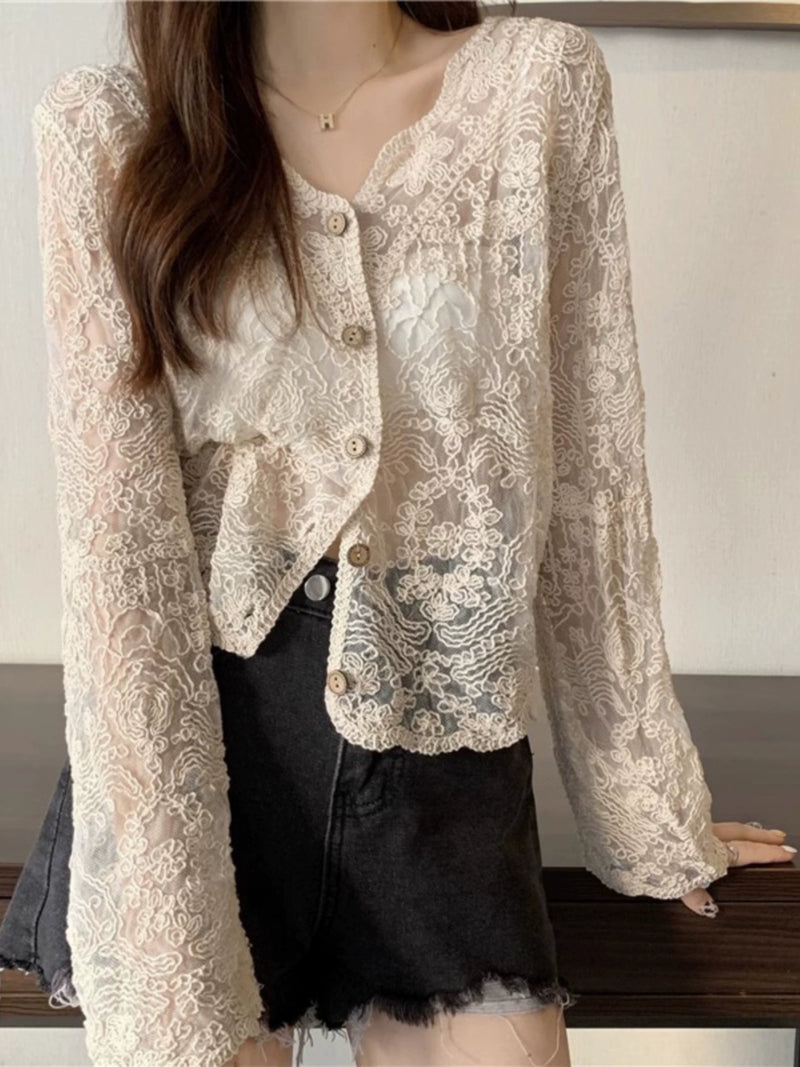 Coat Women's Lace Hollow out V-neck Shawl Knitted Cardigan