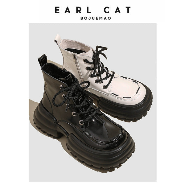 Earl Cat 2023 Winter New British Style Lace-up Martin Boots Winter Thick Sole Student Genuine Leather Booties Female