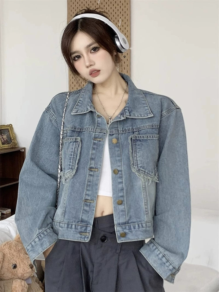 Autumn Loose Burrs Denim Jacket Tops Short Coat