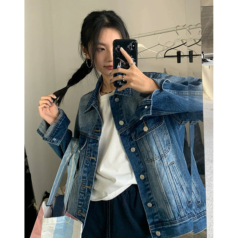Retro Fashionable Lapel Casual Washed Denim Jacket