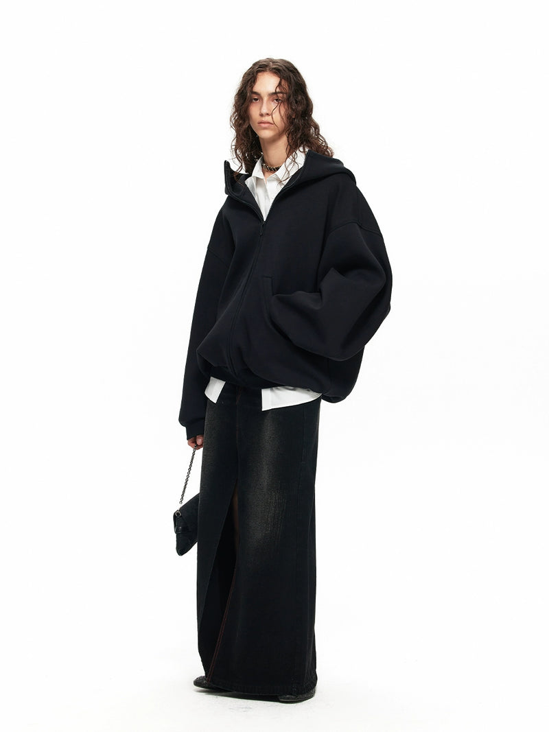 Nuth Black Oversize Zipper Thick Hooded Sweater