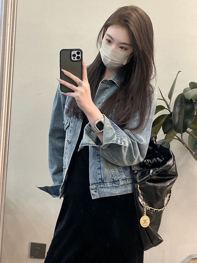 Retro Hong Kong Style Denim coat Women Spring and Autumn New Loose Design Casual All-matching Short Cardigan Jacket Top