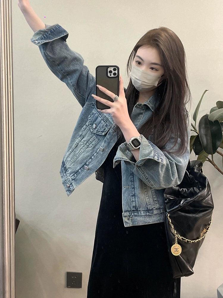 Retro Hong Kong Style Denim coat Women Spring and Autumn New Loose Design Casual All-matching Short Cardigan Jacket Top