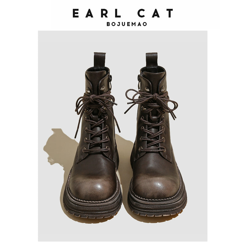 Earl Cat Authentic Leather British Style Boots Women's Boots 2023 Autumn and Winter Slimming Fashion All-Match Shoelace Platform Ankle Boots