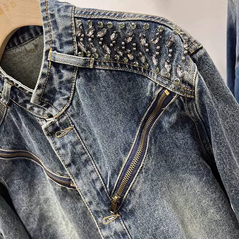 Heavy Industry Zipper Versatile Short Jacket Top Hot Drilling