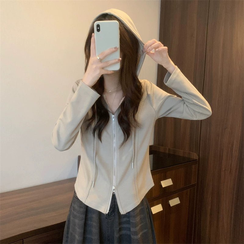 Women's Hooded Small Cardigan Outwear Long Sleeved Fitted T-shirt