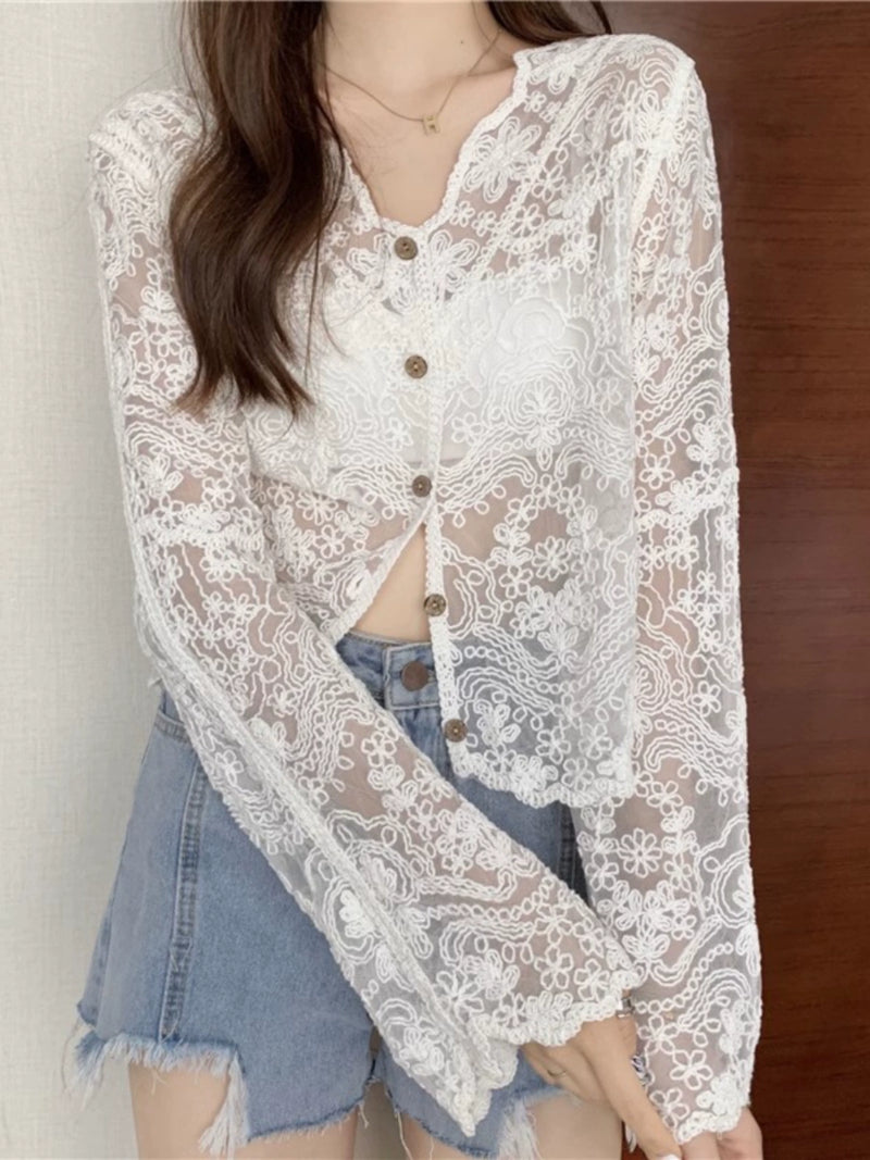Coat Women's Lace Hollow out V-neck Shawl Knitted Cardigan