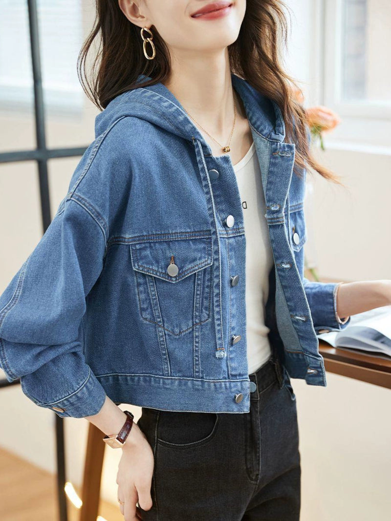 Casual Polo Collar Hooded Jacket Top Denim Short Coat