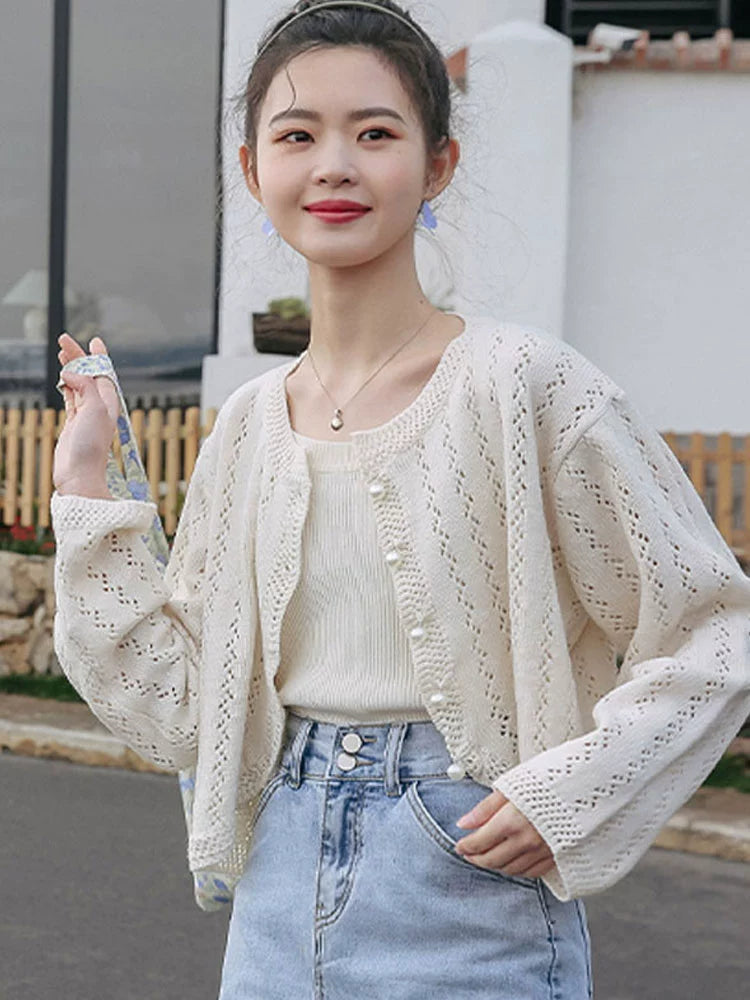 Short Knit cardigan Outerwear Women Early Spring Thin 2024 New Women's sweater Summer Airable Shirt Hollow out Top