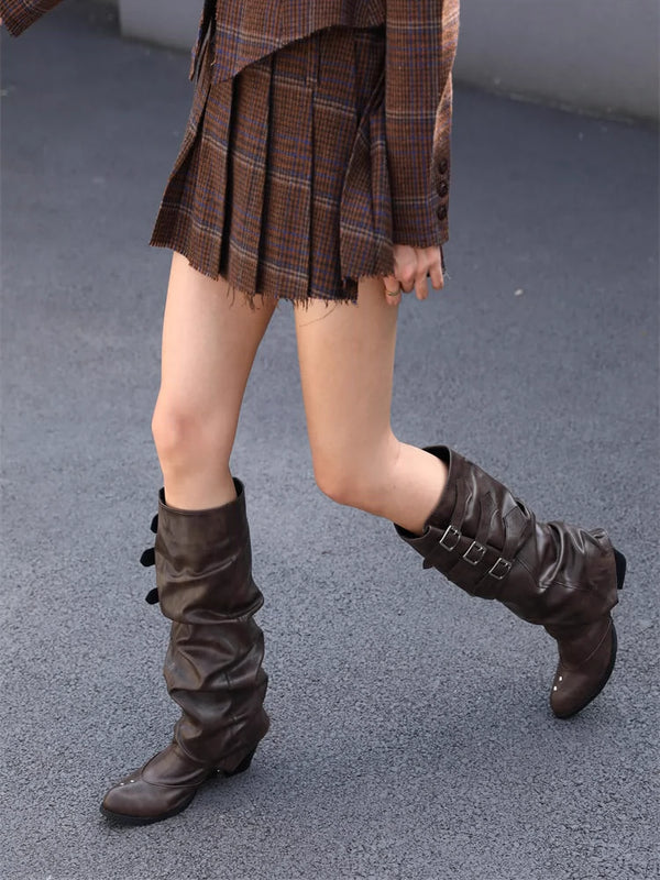 Vintage Crumpled Pile Style Boots Two-Way Long Boots Female Long Brown Boots Cowboy Boot Knight Boots Dr. Martens Boots Black Shoes