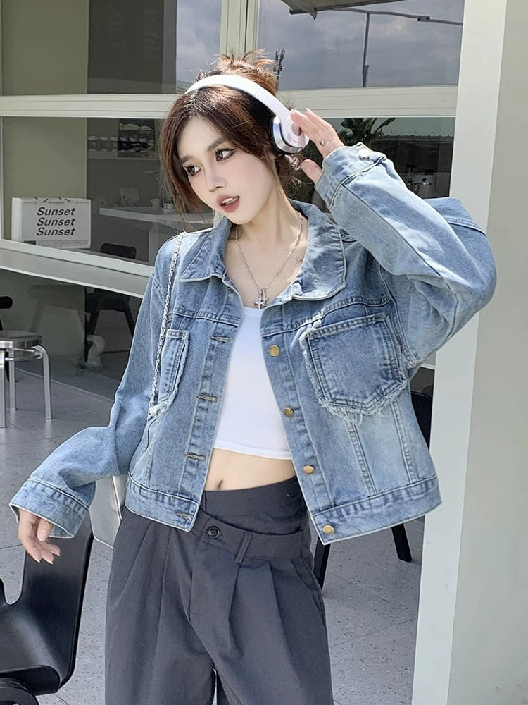 Autumn Loose Burrs Denim Jacket Tops Short Coat