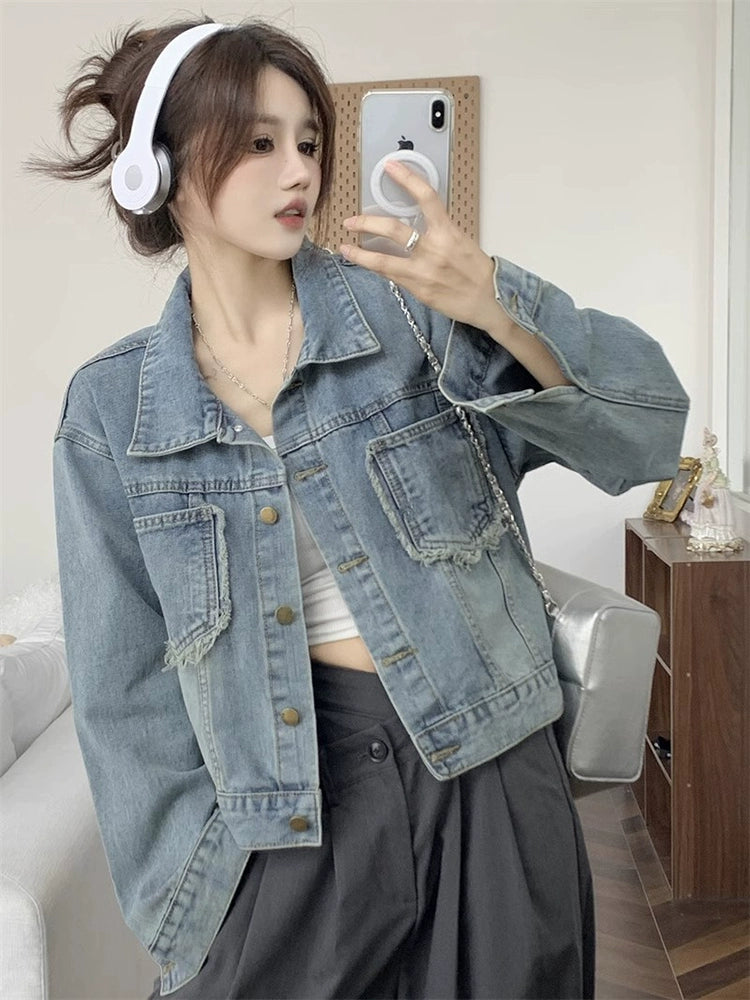 Autumn Loose Burrs Denim Jacket Tops Short Coat