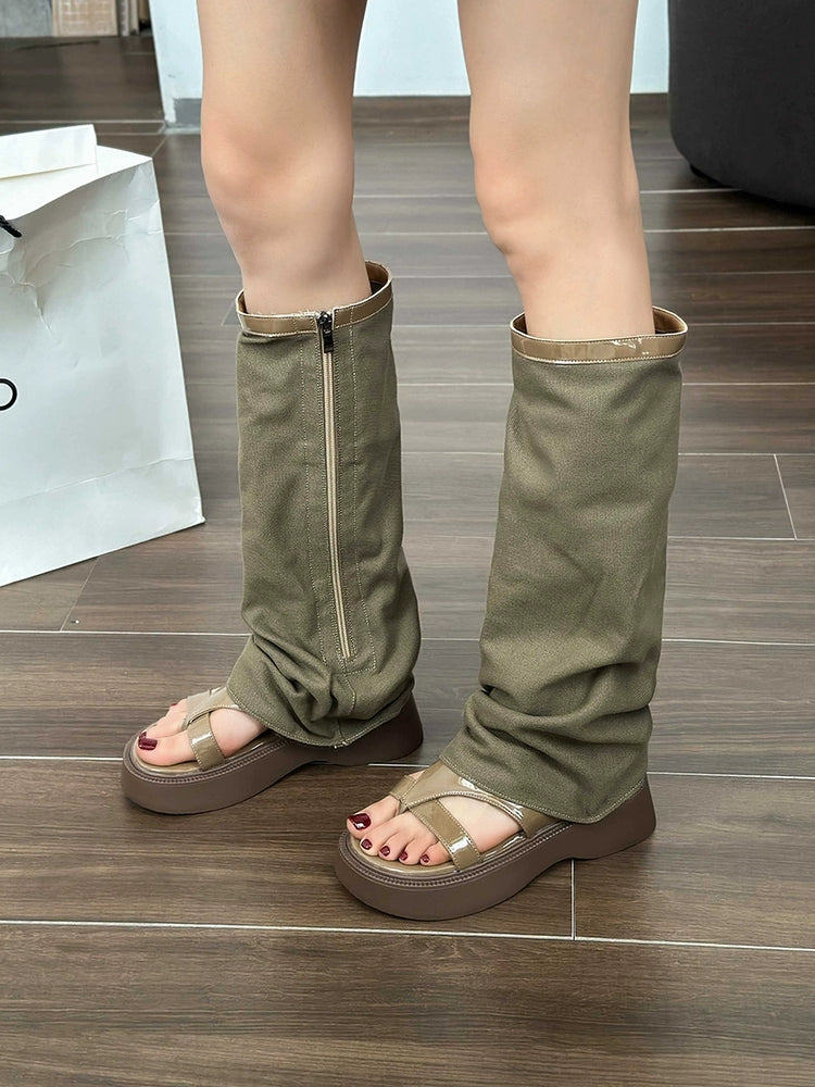 Kuguan Boots for Women 2023 New Summer Thick Sole Height Increasing Niche Roman Flip Flops Sandals Niche Retro Fried Street Boots