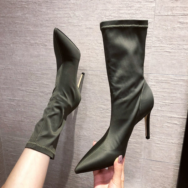 Stiletto Heels Knitted Pointed Toe European and American Spring and Autumn Women's Boots
