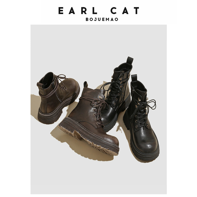 Earl Cat Authentic Leather British Style Boots Women's Boots 2023 Autumn and Winter Slimming Fashion All-Match Shoelace Platform Ankle Boots