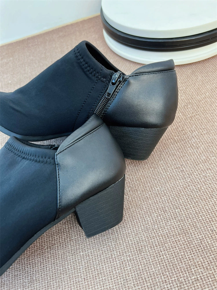 Satin Surface Deep Mouth Flats Export [Handmade Shoes Comfortable Ceiling] plus Size Patchwork round Head Chunky Heel Ankle Boots